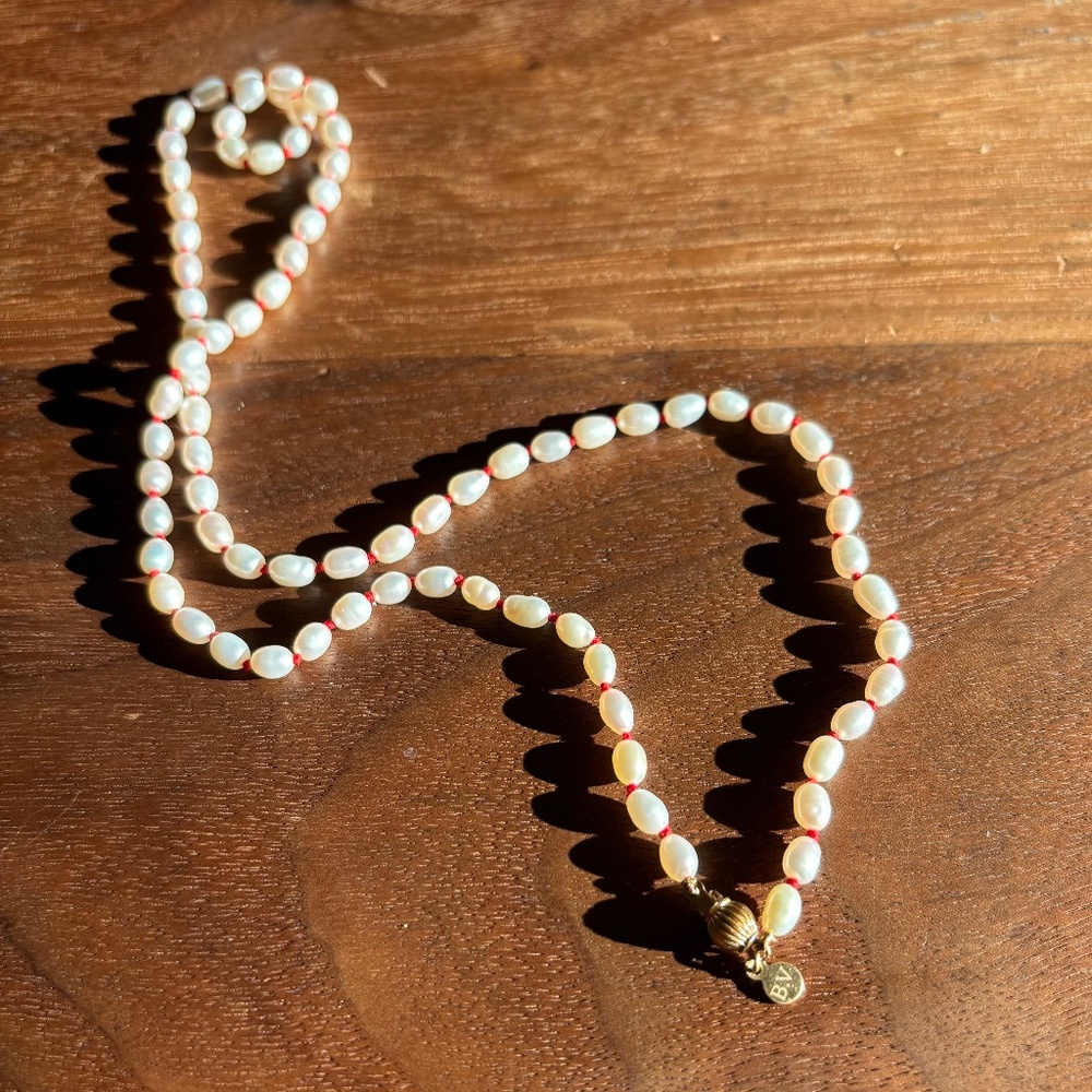Original Beatrice Valenzuela Pearl Necklace, 18" Red Silk